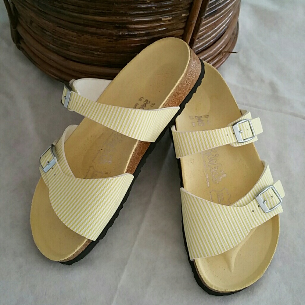 Summer yellow striped Birkies. New. Size 6